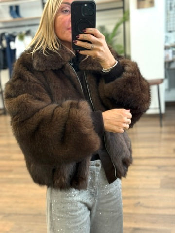 Bomber in ecopelliccia con polsino in maglia