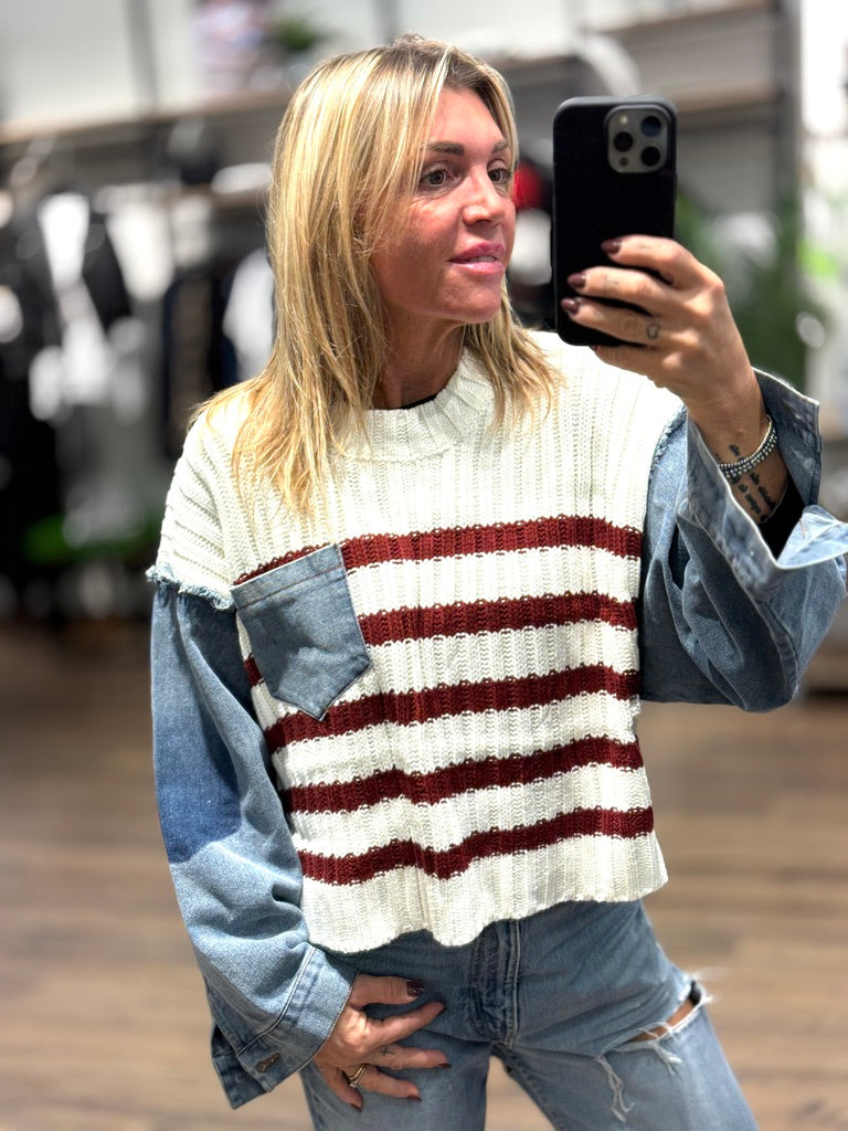 Maglia con inserti in tela jeans