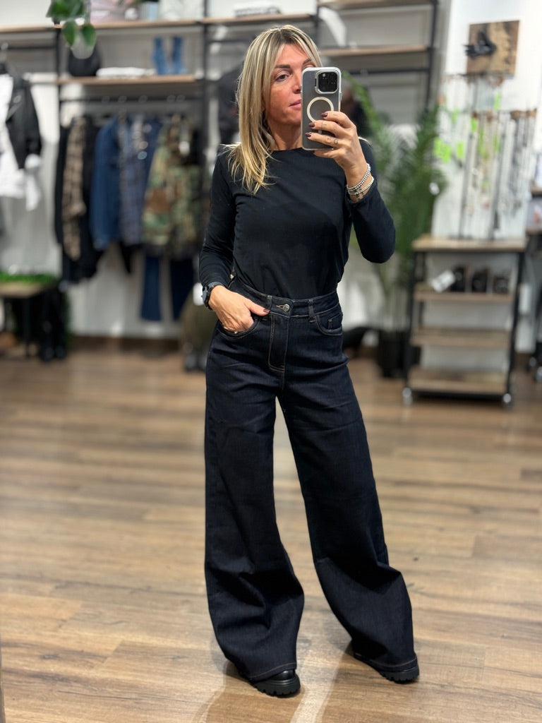 Jeans palazzo con cuciture cuoio