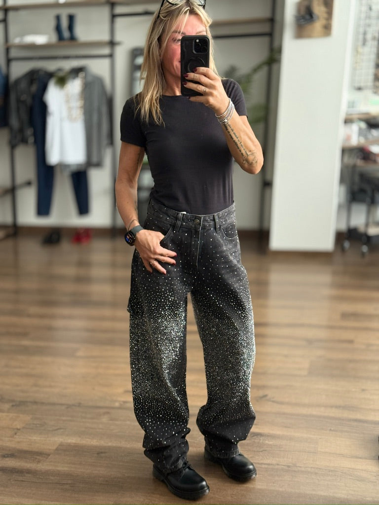 Jeans baggy con brillantini