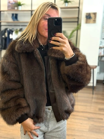 Bomber in ecopelliccia con polsino in maglia