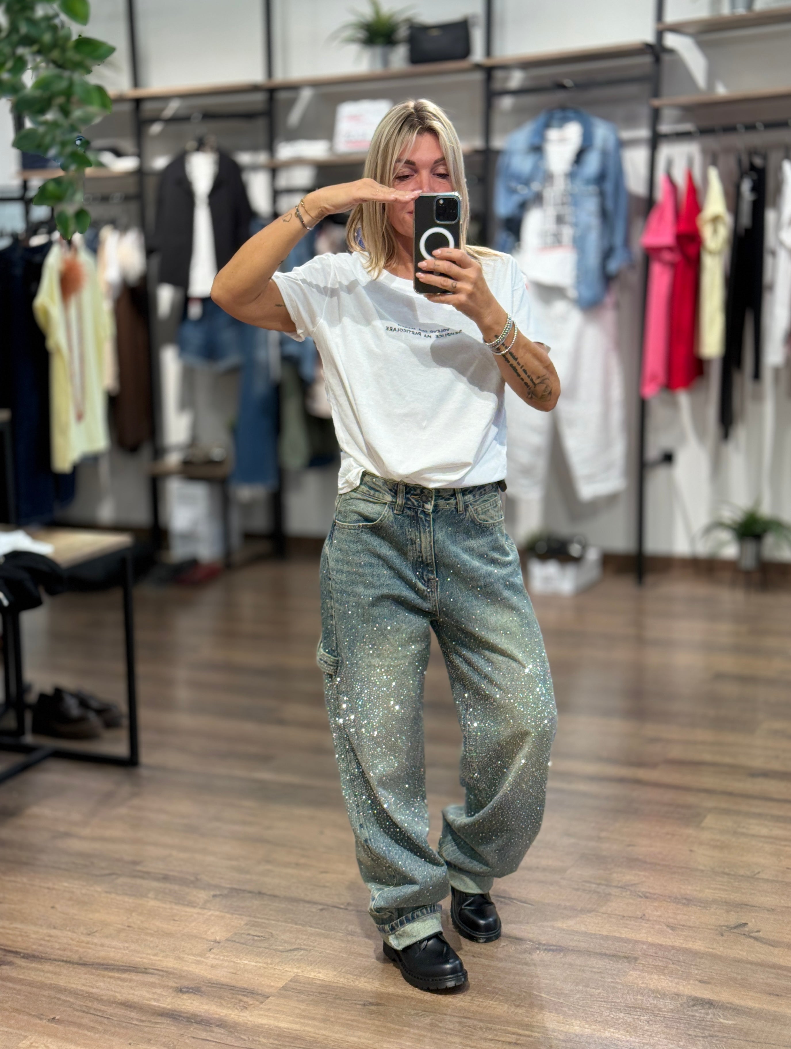Jeans baggy con brillantini