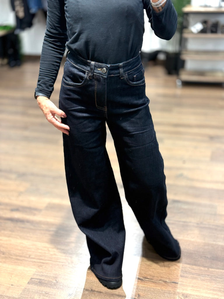 Jeans palazzo con cuciture cuoio